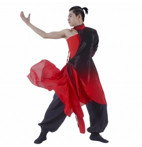 Red black gradient Chinese folk dance Hanfu for men youth ancient traditional wushu kung fu lion drum dance uniforms Elegant Warrior Swordsman cosplay gown